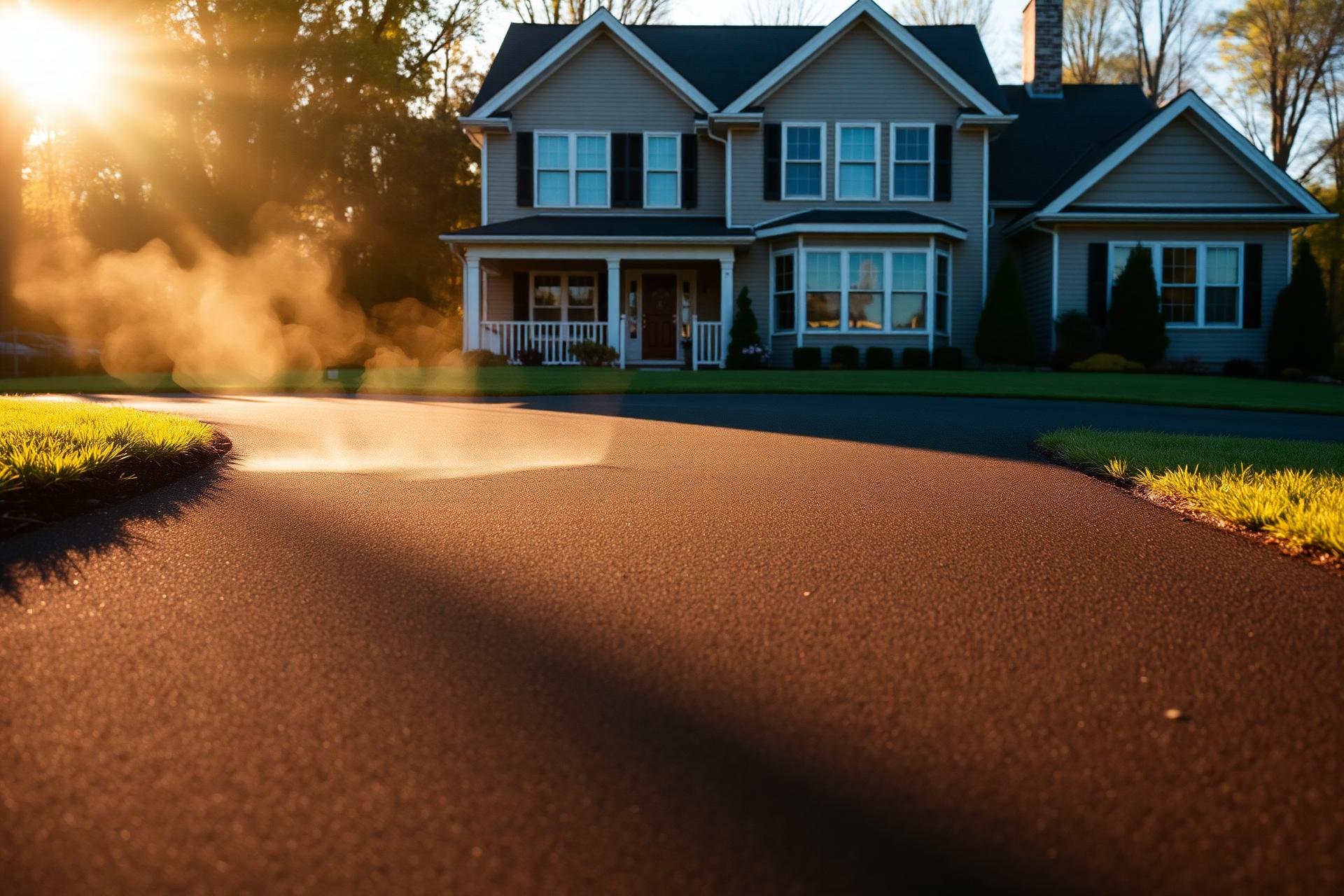 Freshly paved asphalt driveway in front of an Orange County NY home